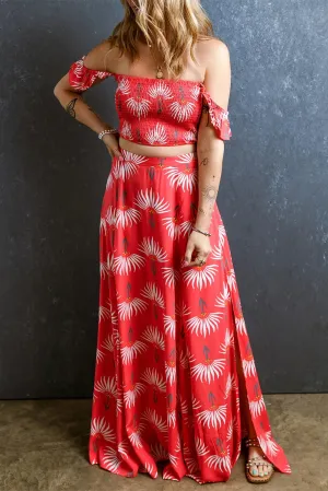 🌟 Smocked Off-Shoulder Top and Slit Skirt Set 🌟