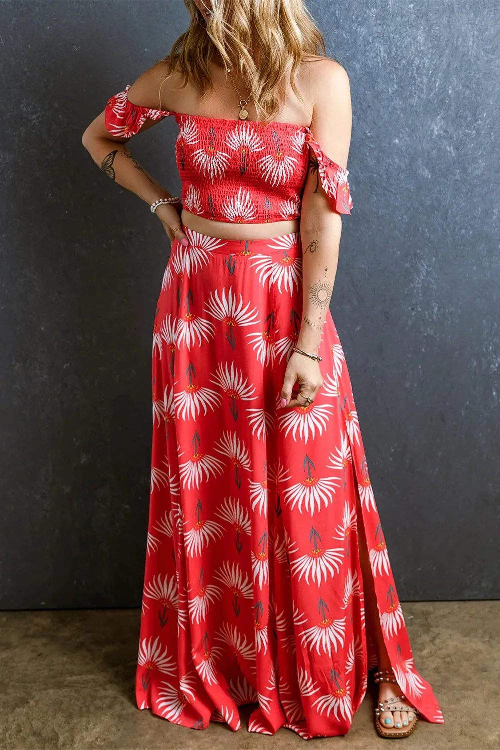 🌟 Smocked Off-Shoulder Top and Slit Skirt Set 🌟