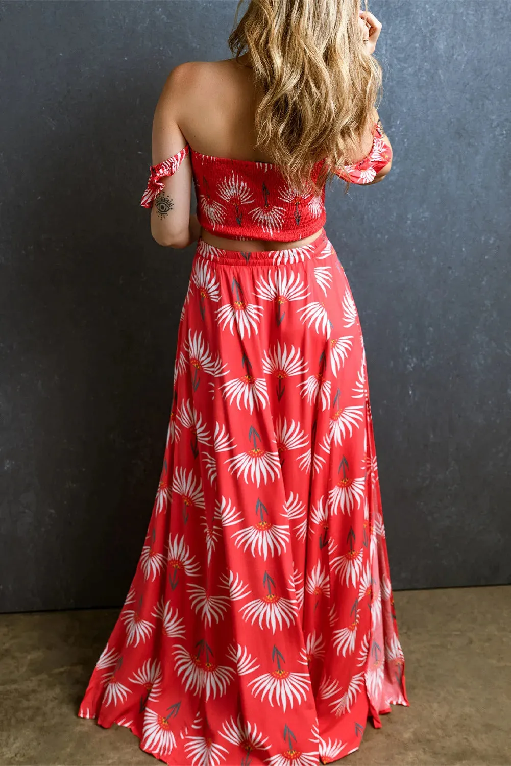🌟 Smocked Off-Shoulder Top and Slit Skirt Set 🌟