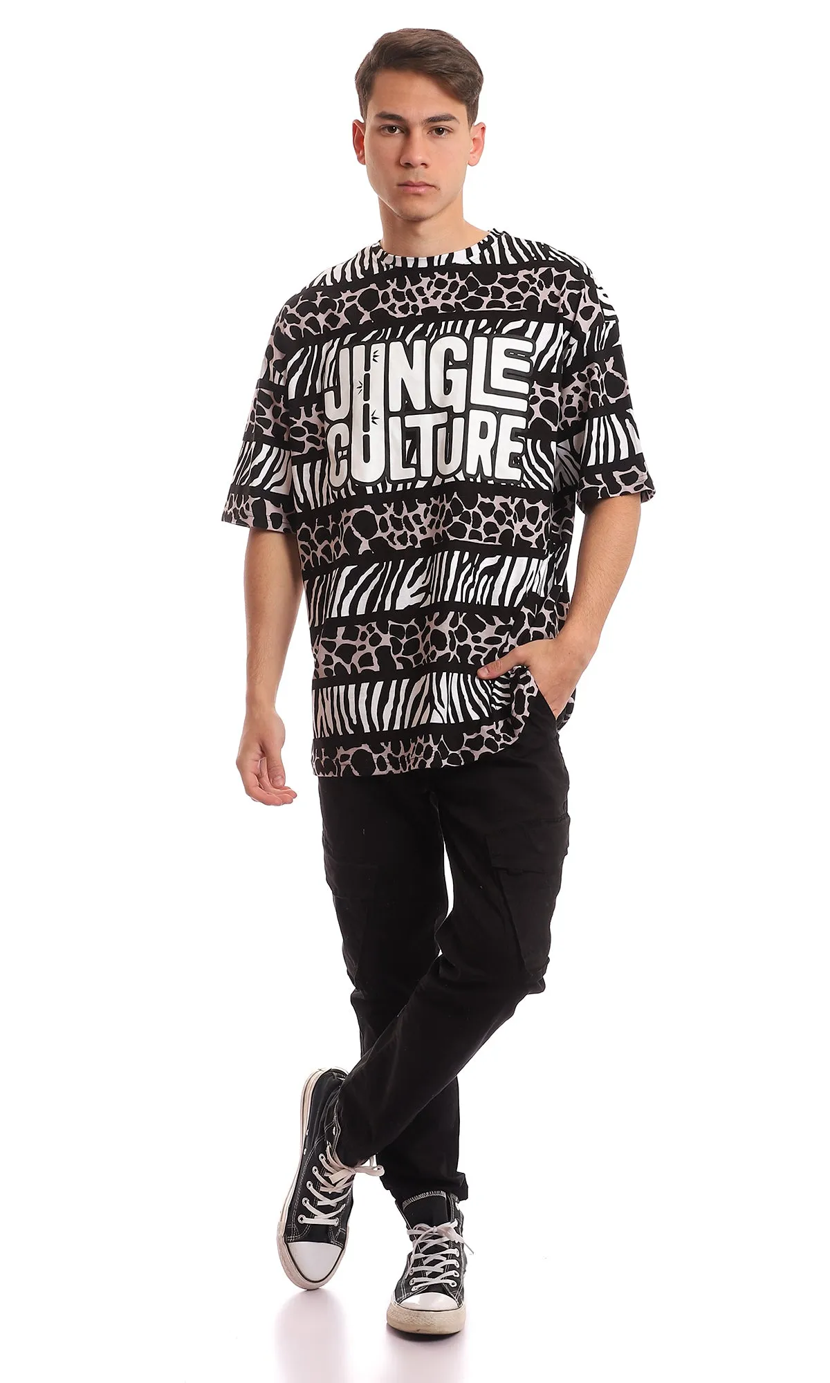 97354 Oversized Printed "Jungle Culture" Black & White T-Shirt