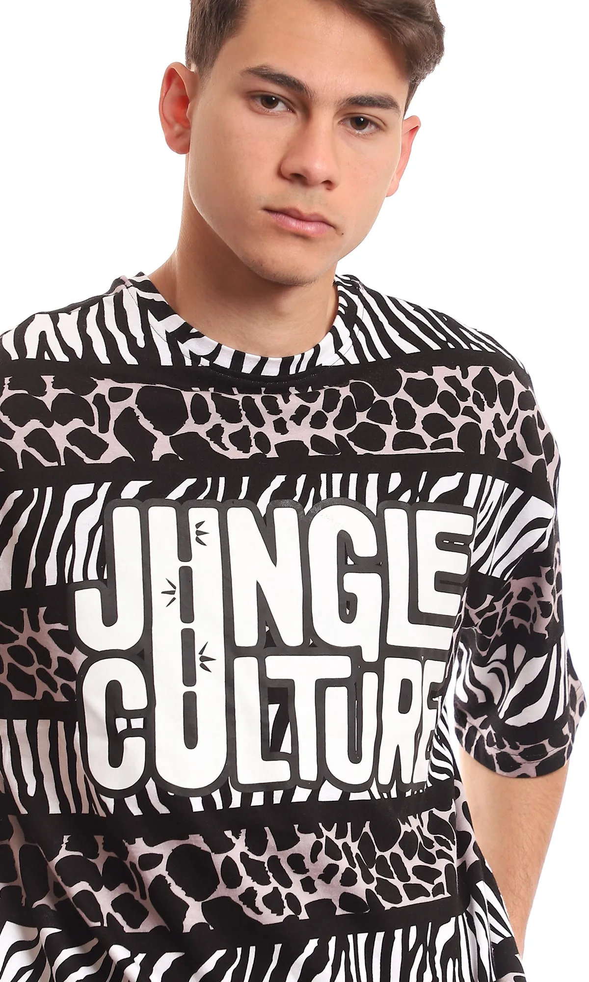 97354 Oversized Printed "Jungle Culture" Black & White T-Shirt