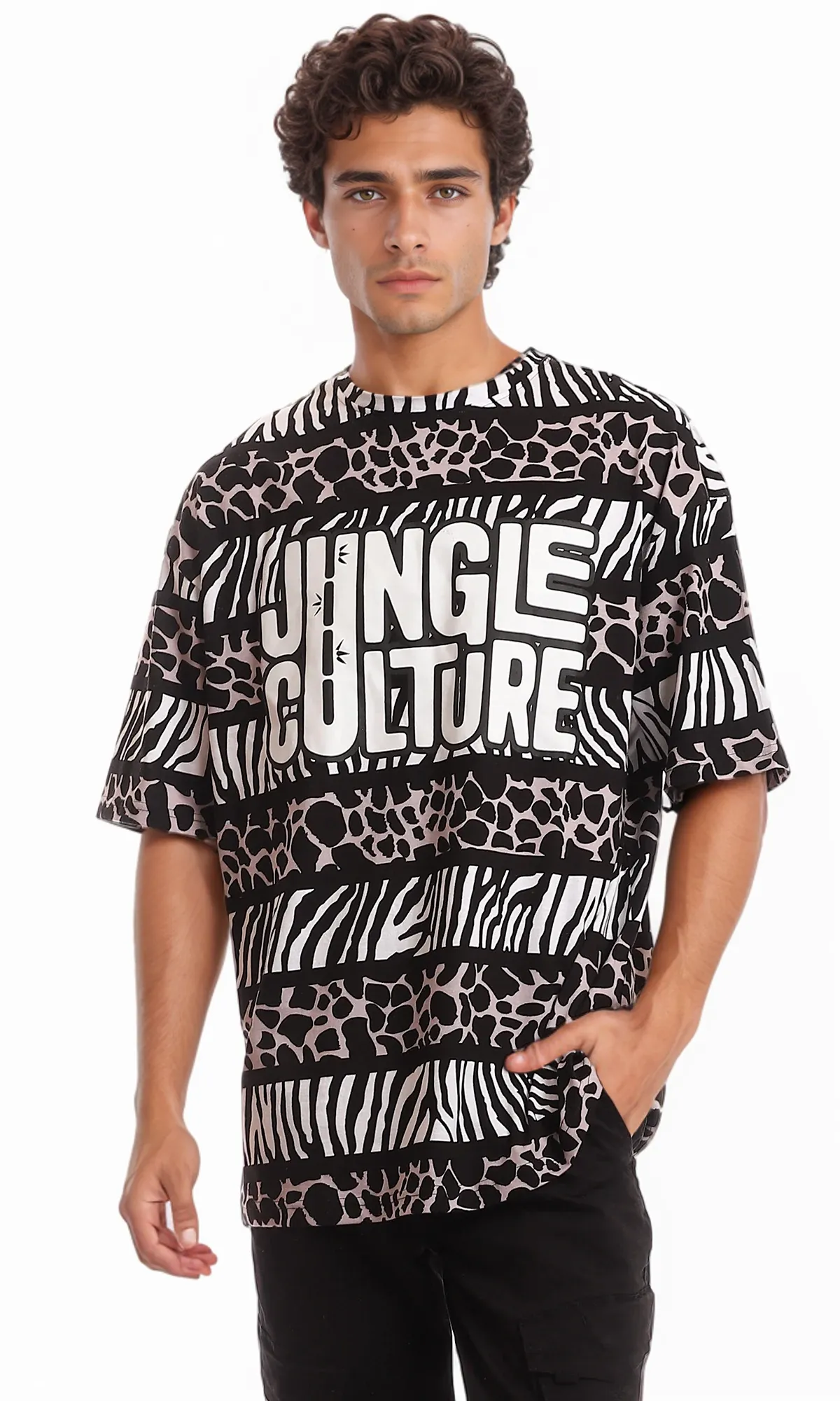 97354 Oversized Printed "Jungle Culture" Black & White T-Shirt