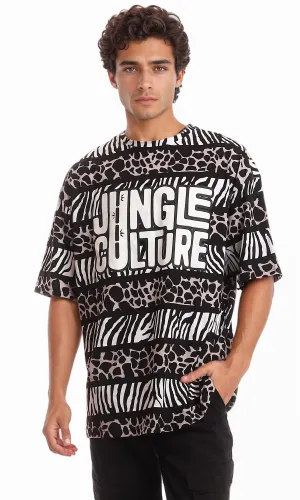 97354 Oversized Printed "Jungle Culture" Black & White T-Shirt
