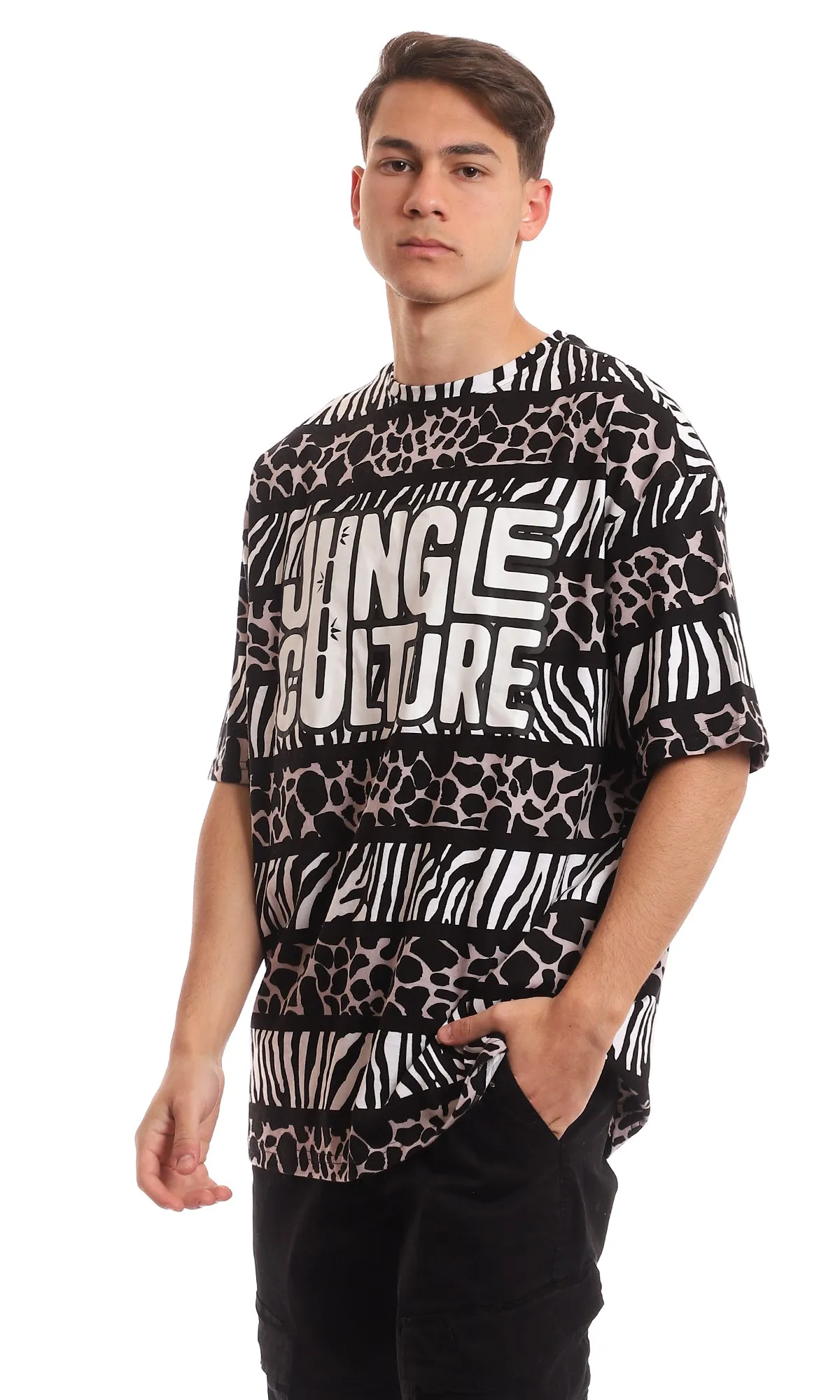 97354 Oversized Printed "Jungle Culture" Black & White T-Shirt