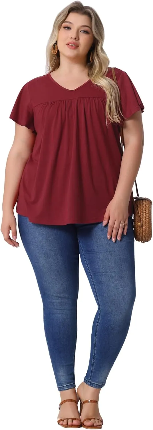 Agnes Orinda Plus Size Women's V Neck Ruffle Short Sleeve Tops Boho Floral Summer t Shirt Tee Tops Blouse Casual 2025