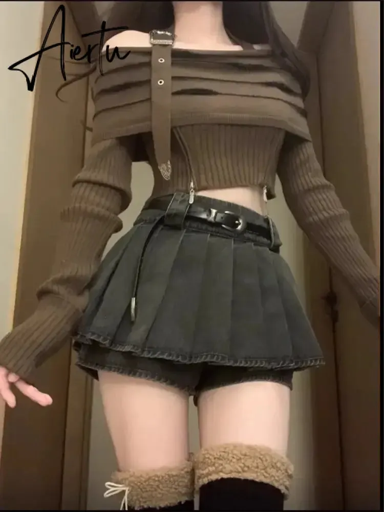 Aiertu Vintage Women Slash Neck Y2k Solid Pullovers Korean Fashion Slim Bottoming Sweaters Grunge Casual Sexy Off Shoulder Sueter