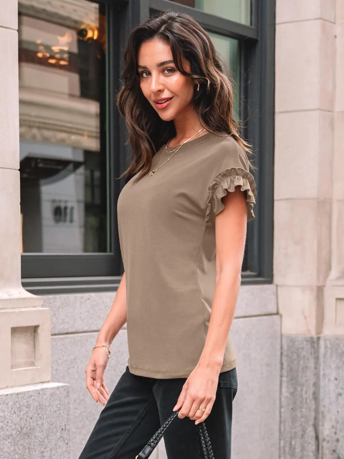 AUTOMET Womens Short Sleeve Tops Summer Tshirts Casual 2025 Cute Ruffle Crewneck Trendy Fashion Dressy Cute Work Outfits