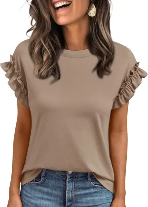 AUTOMET Womens Short Sleeve Tops Summer Tshirts Casual 2025 Cute Ruffle Crewneck Trendy Fashion Dressy Cute Work Outfits
