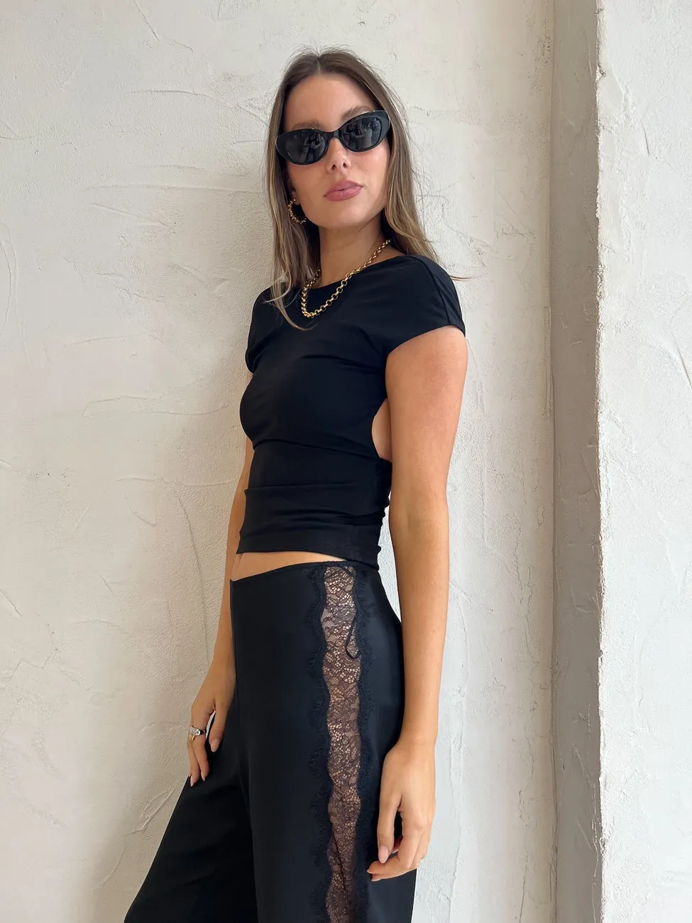 Bec and Bridge Spencer Lace Wide Leg Pant in Black/Black