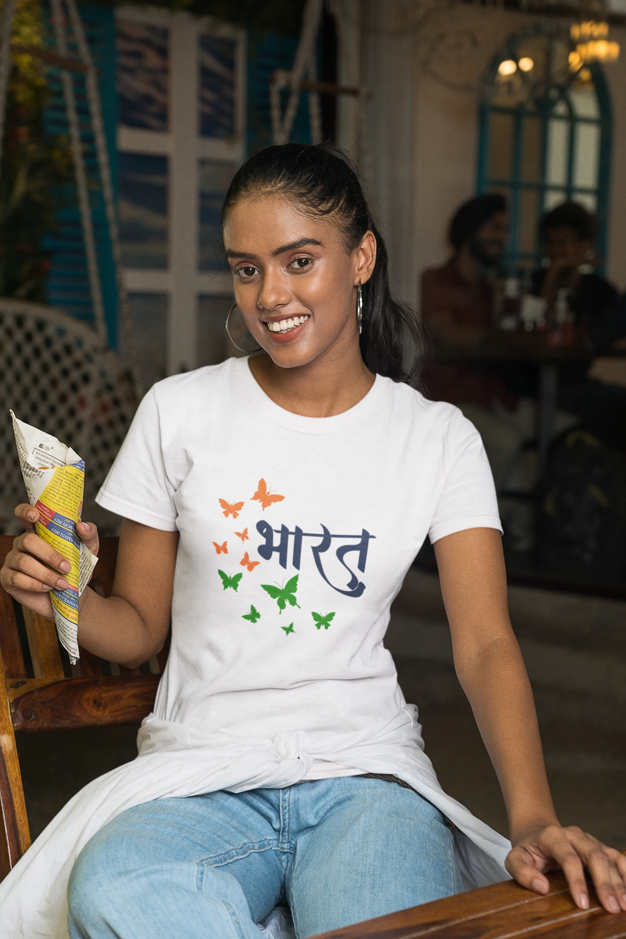 Bharat White Printed T-shirt for women