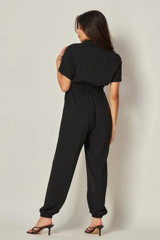 Black Airflow Front Zip Closure Jumpsuit