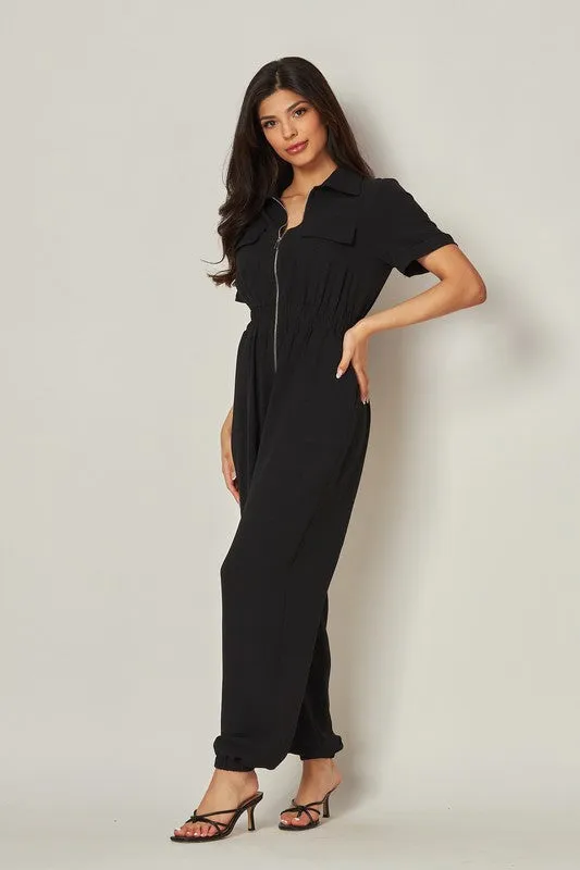 Black Airflow Front Zip Closure Jumpsuit