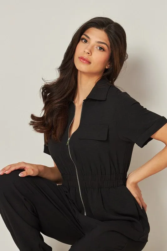Black Airflow Front Zip Closure Jumpsuit