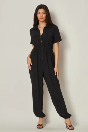 Black Airflow Front Zip Closure Jumpsuit