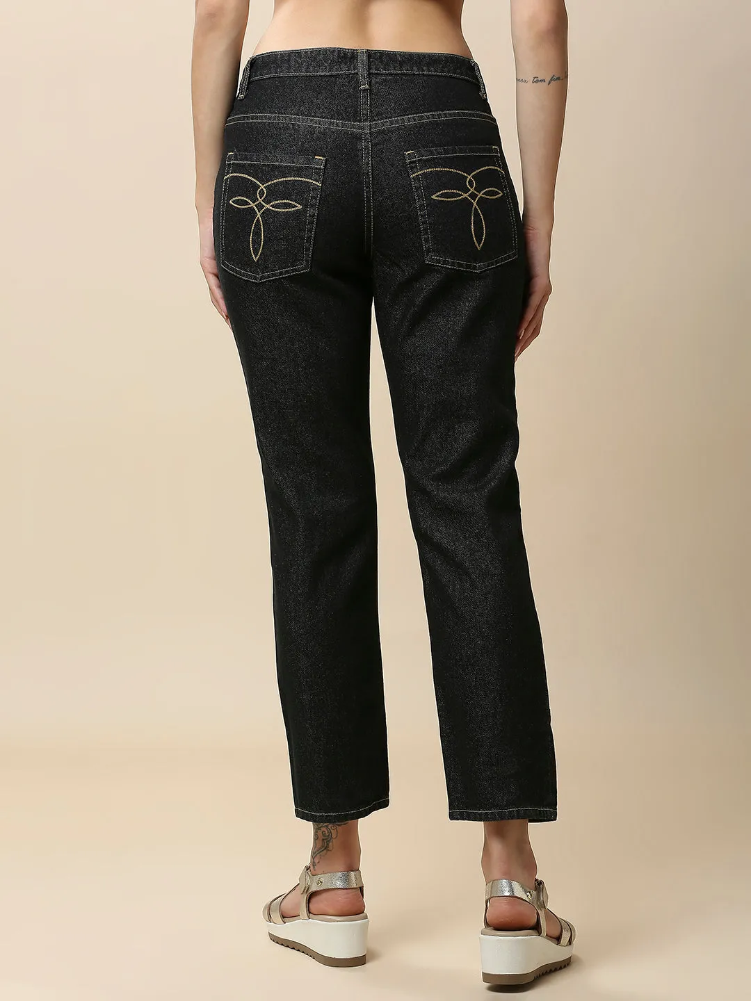 BLACK DENIM MID RISE STRAIGHT LEG CROPPED JEANS