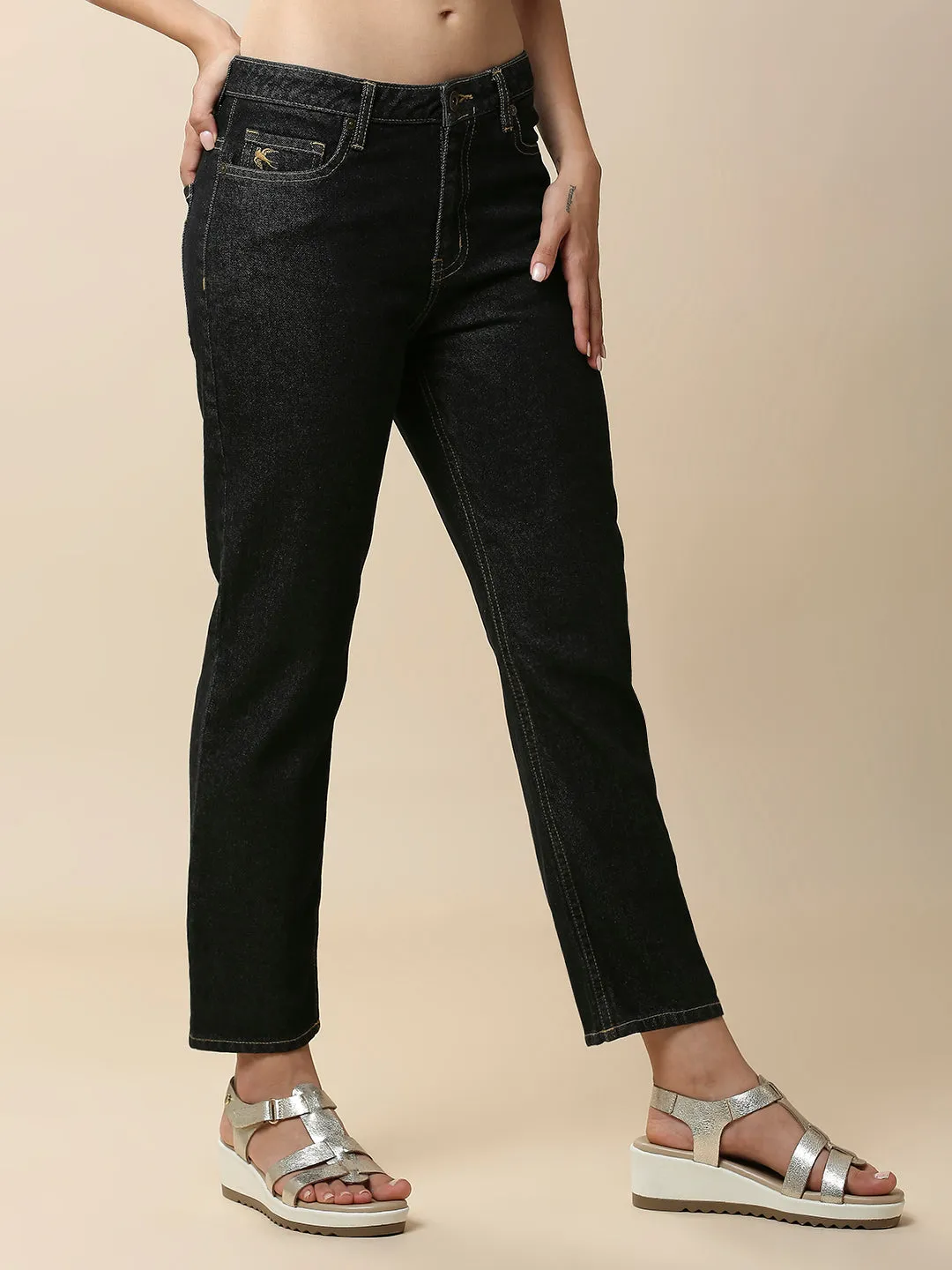 BLACK DENIM MID RISE STRAIGHT LEG CROPPED JEANS