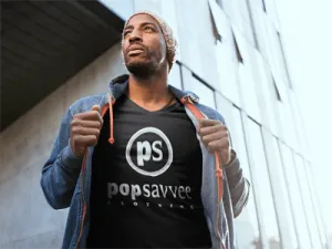 Black Short Sleeve V-Neck T-Shirt w/ White & Metallic Silver “Pop Savvee Clothing” Logo