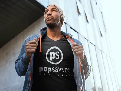 Black Short Sleeve V-Neck T-Shirt w/ White & Metallic Silver “Pop Savvee Clothing” Logo