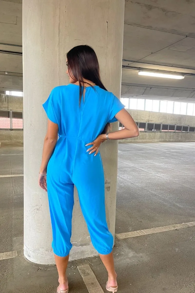 Blue Short Sleeve Tie Waist Jumpsuit