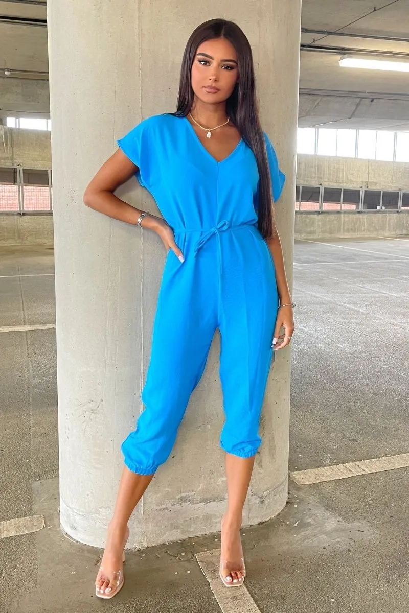 Blue Short Sleeve Tie Waist Jumpsuit