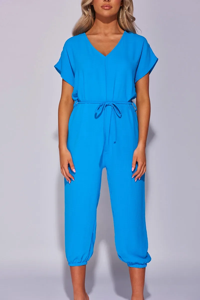 Blue Short Sleeve Tie Waist Jumpsuit