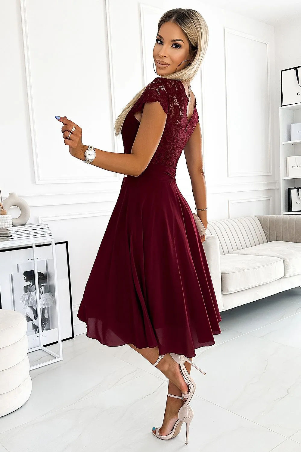 Chic Navy Blue Lace Chiffon Evening Gown with Short Sleeves by Numoco