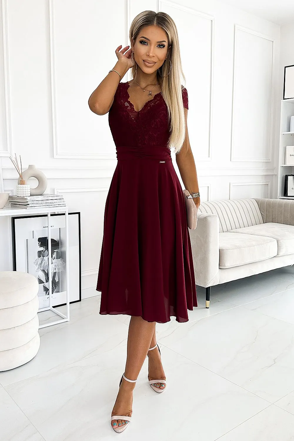 Chic Navy Blue Lace Chiffon Evening Gown with Short Sleeves by Numoco