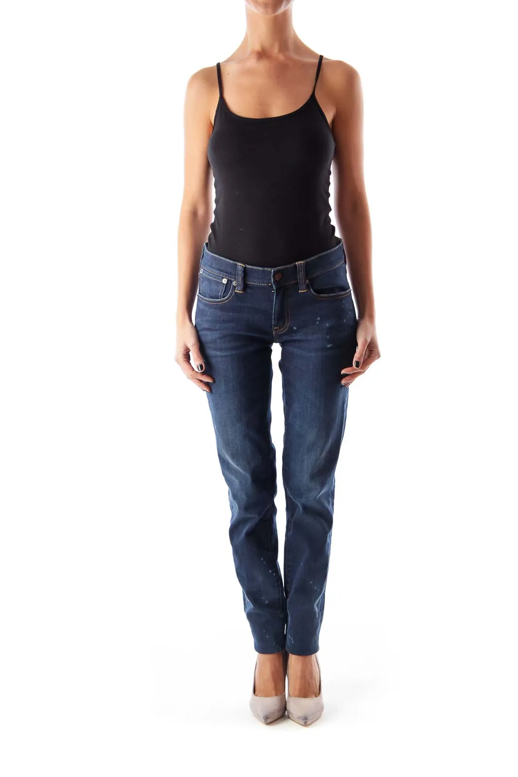 Dark Blue Distressed Straight Leg Jeans