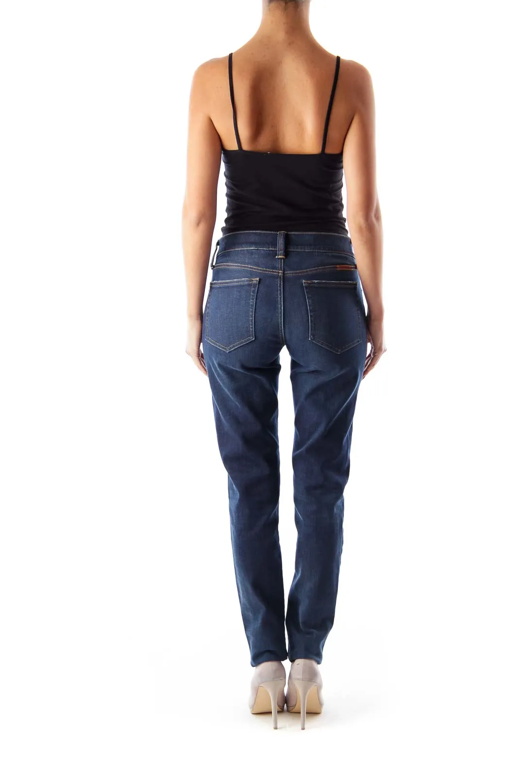 Dark Blue Distressed Straight Leg Jeans