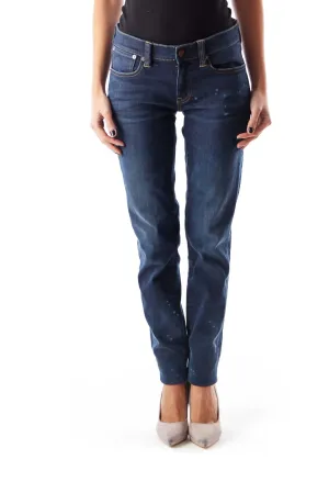 Dark Blue Distressed Straight Leg Jeans