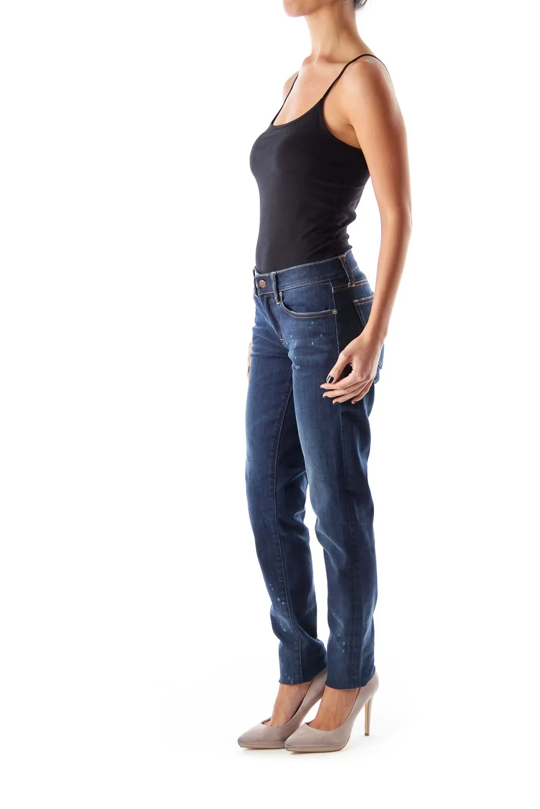 Dark Blue Distressed Straight Leg Jeans