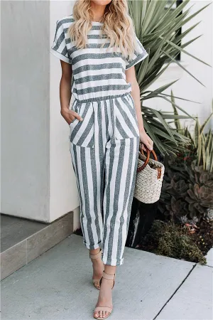 elveswallet Short Sleeve Striped Wide Leg Jumpsuit