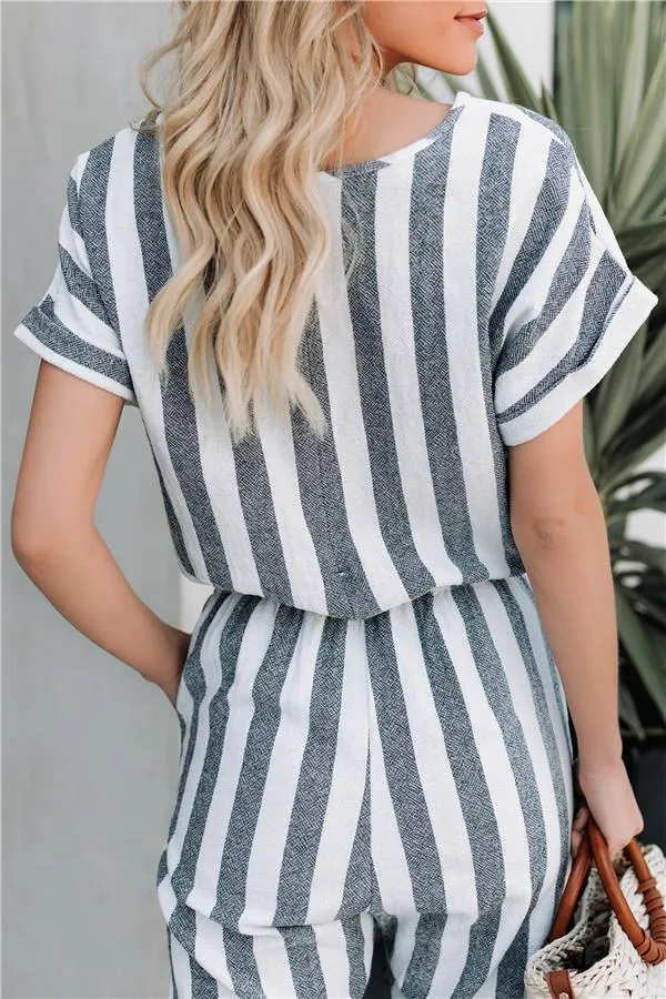 elveswallet Short Sleeve Striped Wide Leg Jumpsuit