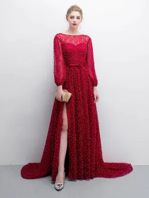 Evening Gown Elegant & Luxurious Dress Formal Evening Long Sleeve Boat Neck Lace with Sash  Ribbon Split Front