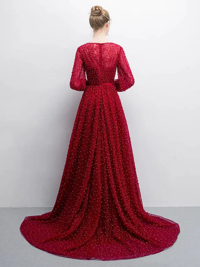 Evening Gown Elegant & Luxurious Dress Formal Evening Long Sleeve Boat Neck Lace with Sash  Ribbon Split Front