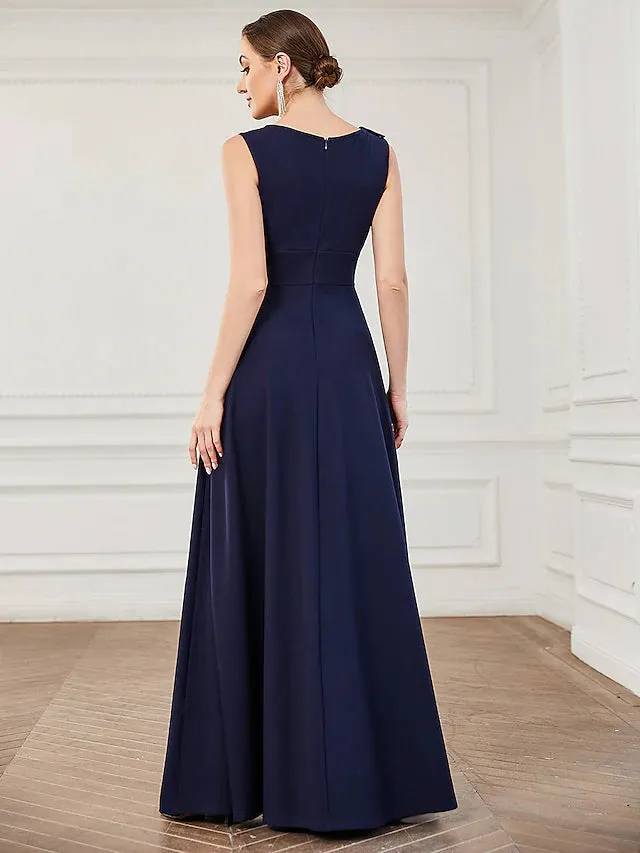 Evening Gown Plus Size Dress Formal Floor Length Sleeveless Jewel Neck Polyester with Draping Appliques Pure