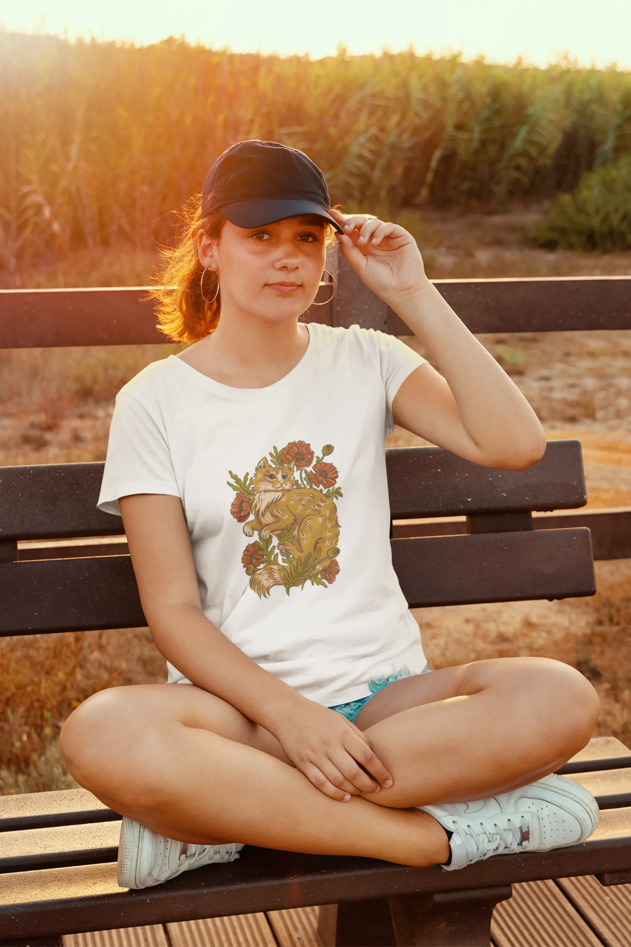 Floral Cat Printed Scoop Neck T-shirt for women