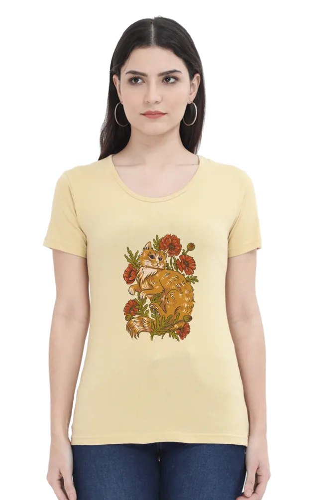 Floral Cat Printed Scoop Neck T-shirt for women