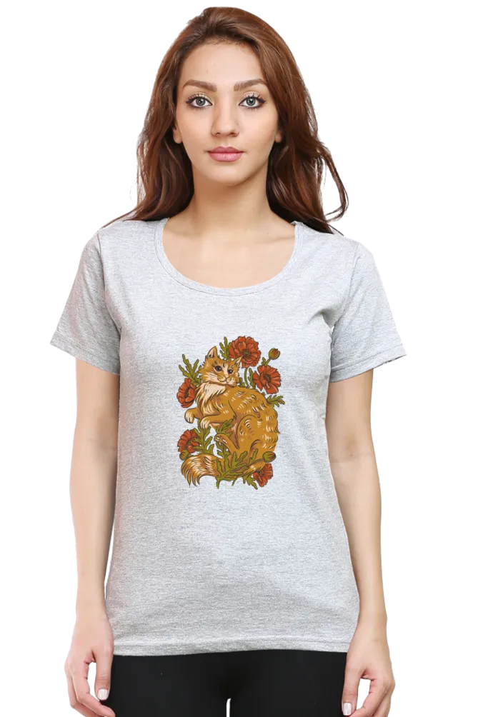 Floral Cat Printed Scoop Neck T-shirt for women
