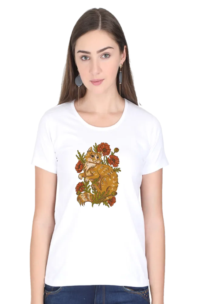 Floral Cat Printed Scoop Neck T-shirt for women
