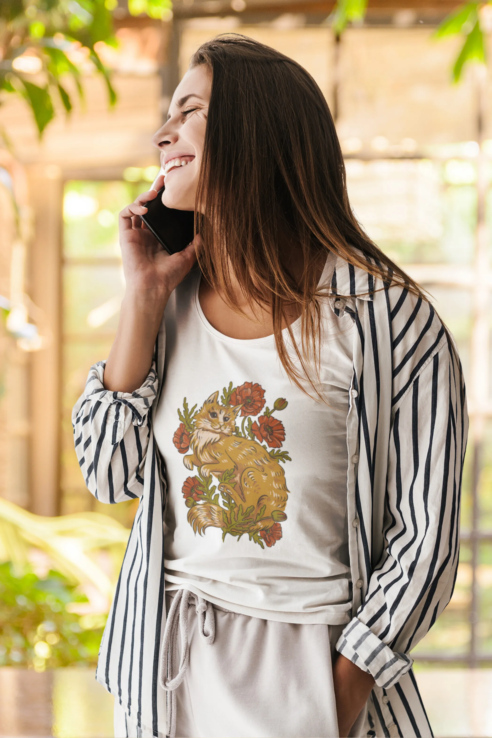 Floral Cat Printed Scoop Neck T-shirt for women