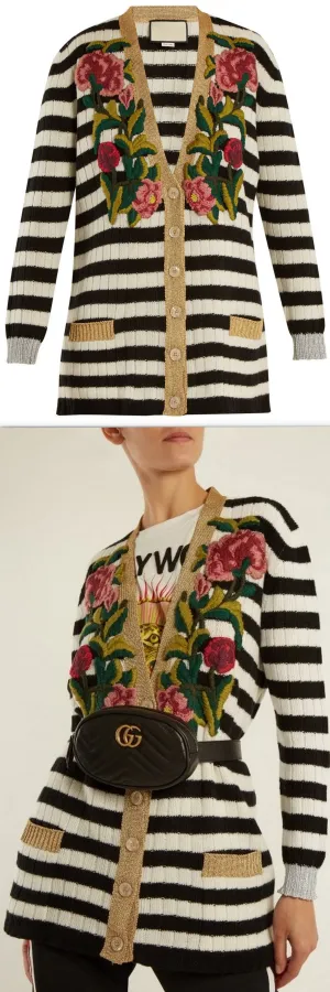 Floral-Embroidered Striped Knit Cardigan Sweater