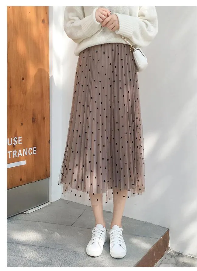 High Waist Polka Dot Pleated Skirt