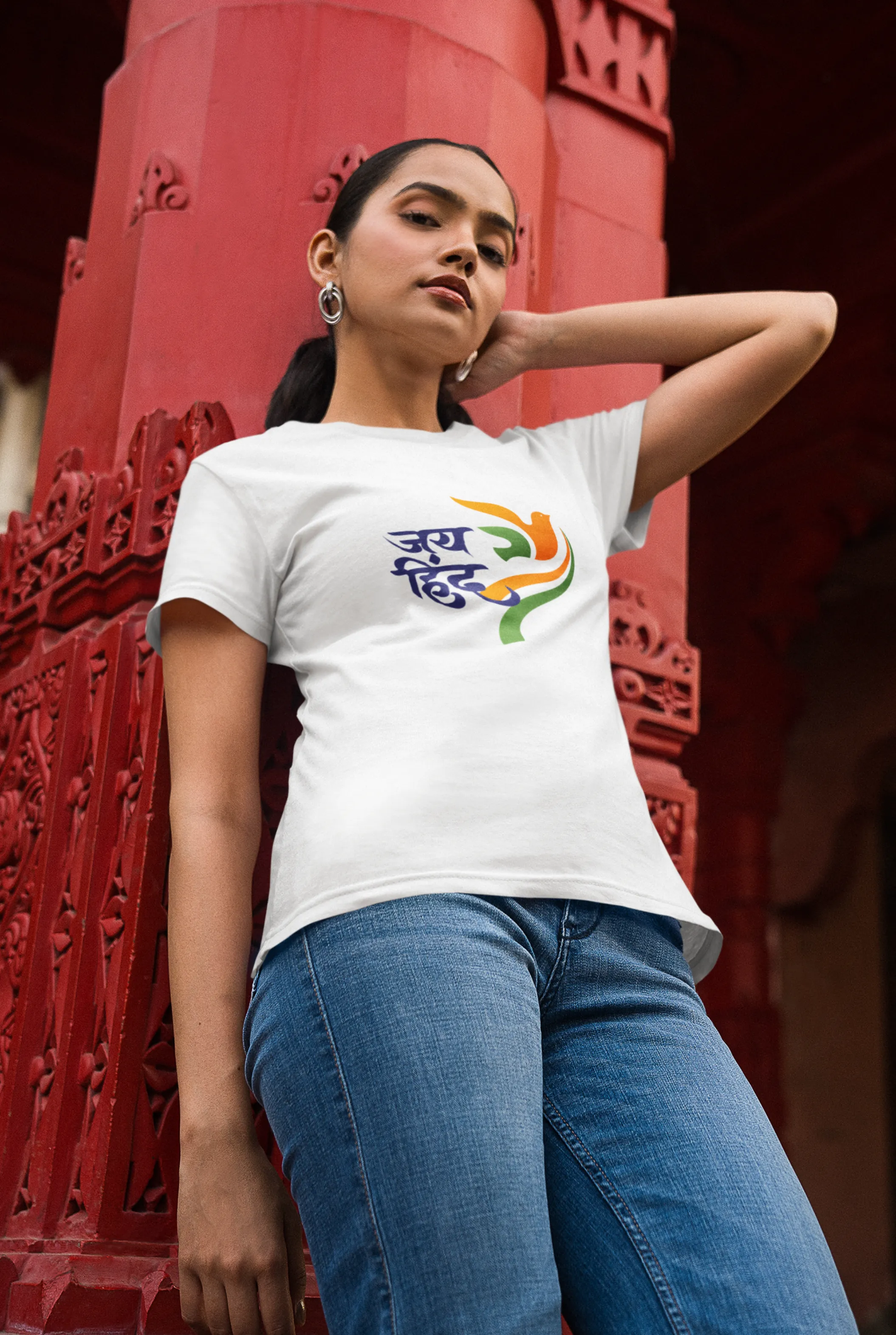 Jai Hind White Printed T-shirt for women