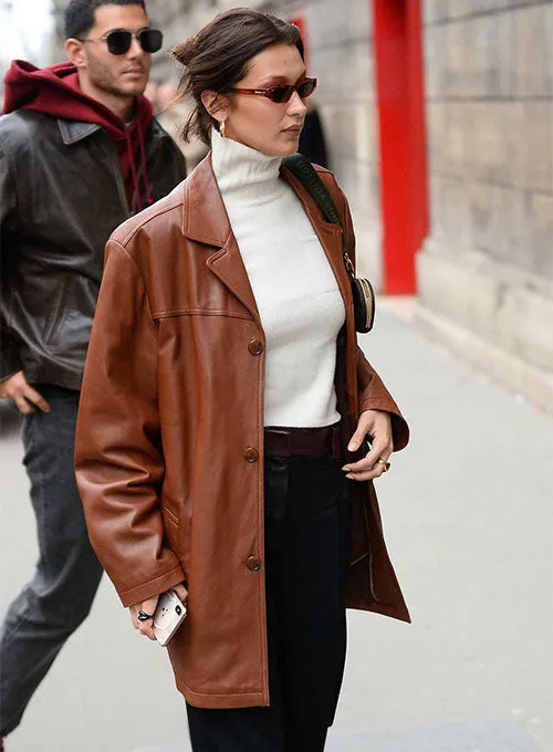 LEATHER TRENCH COAT WORN BY BELLA HADID | BELLA HADID LEATHER TRENCH COAT