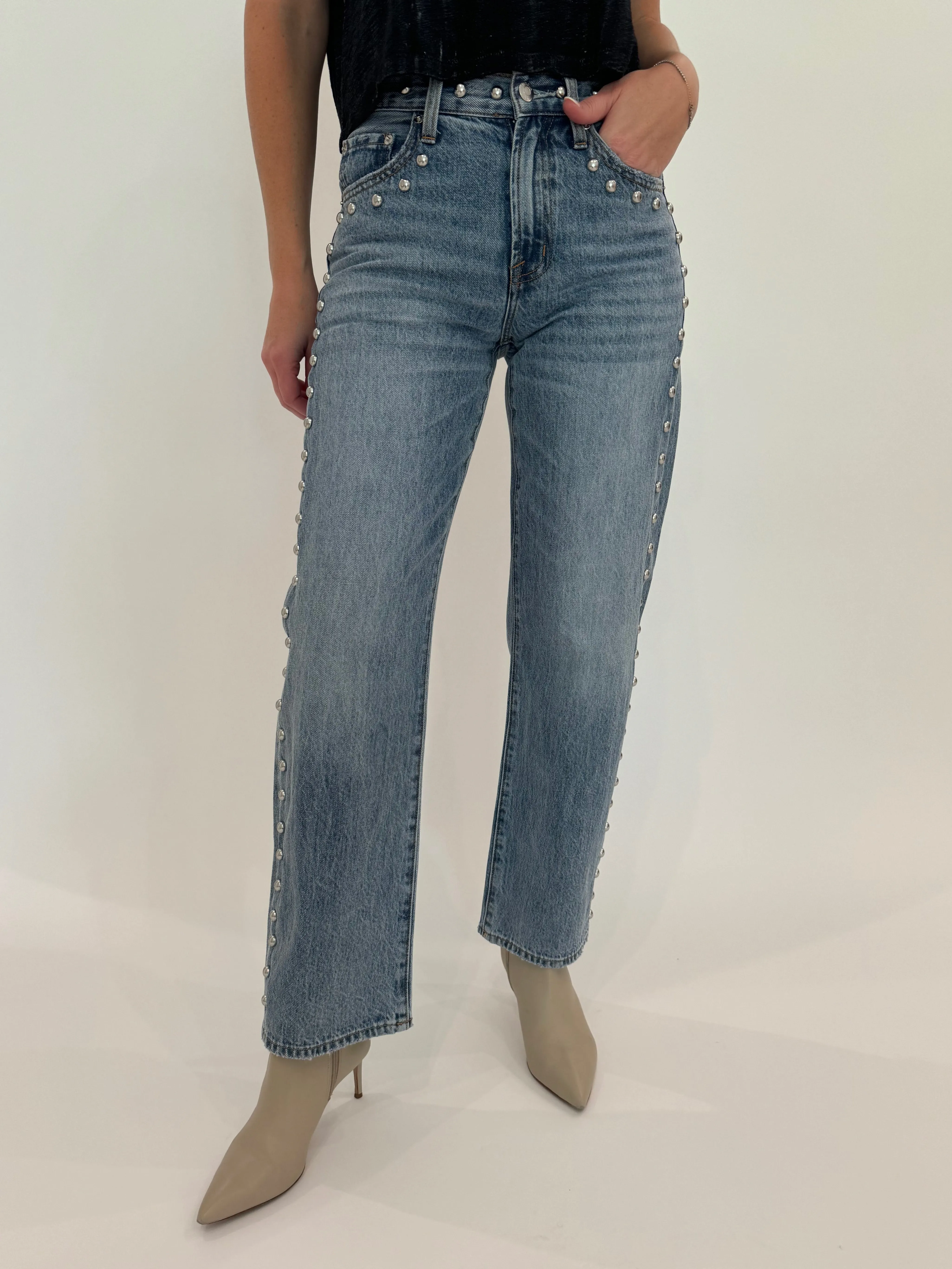 Lexi Mid Rise Bowed Straight Jeans - Satellite