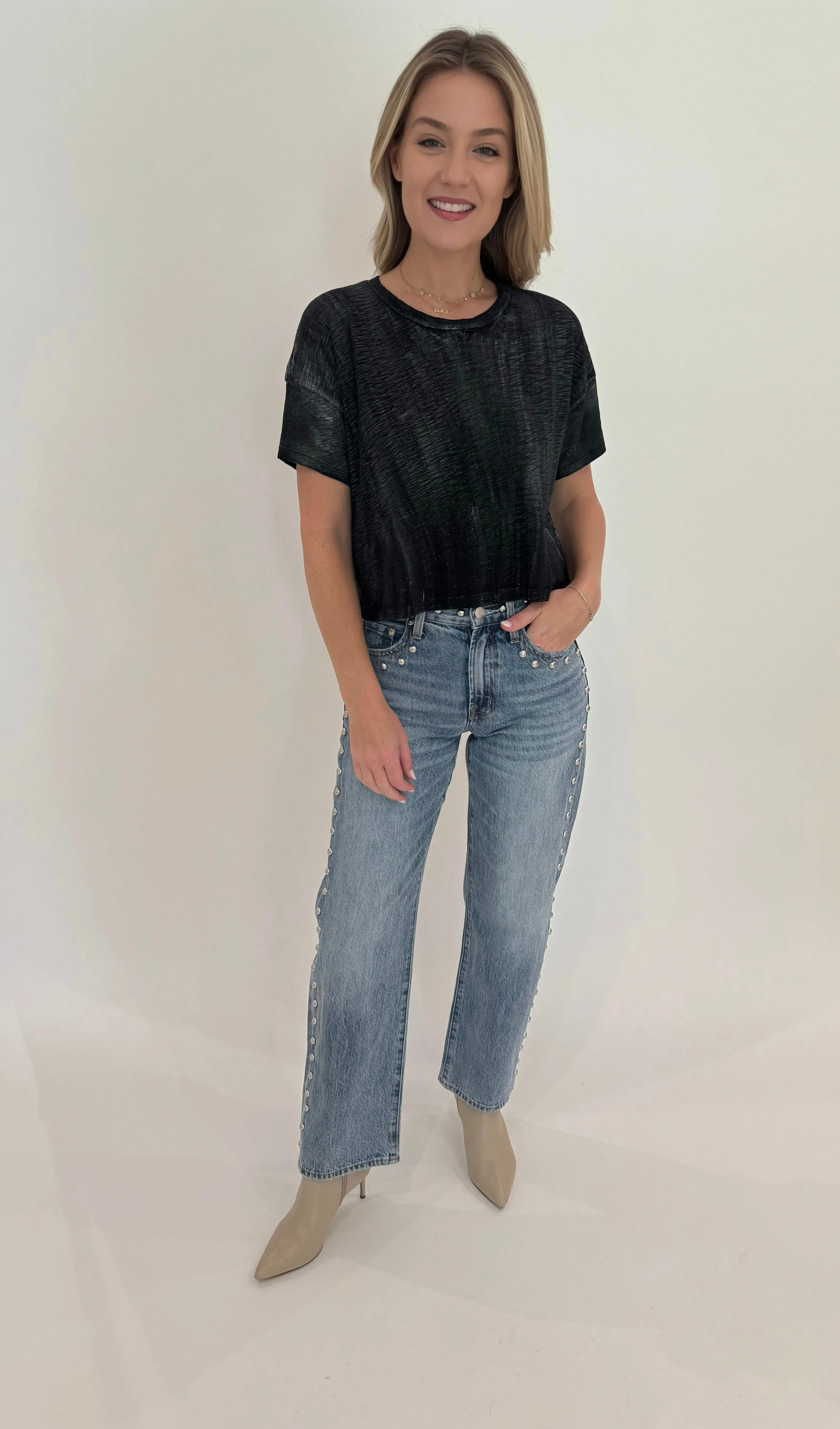 Lexi Mid Rise Bowed Straight Jeans - Satellite