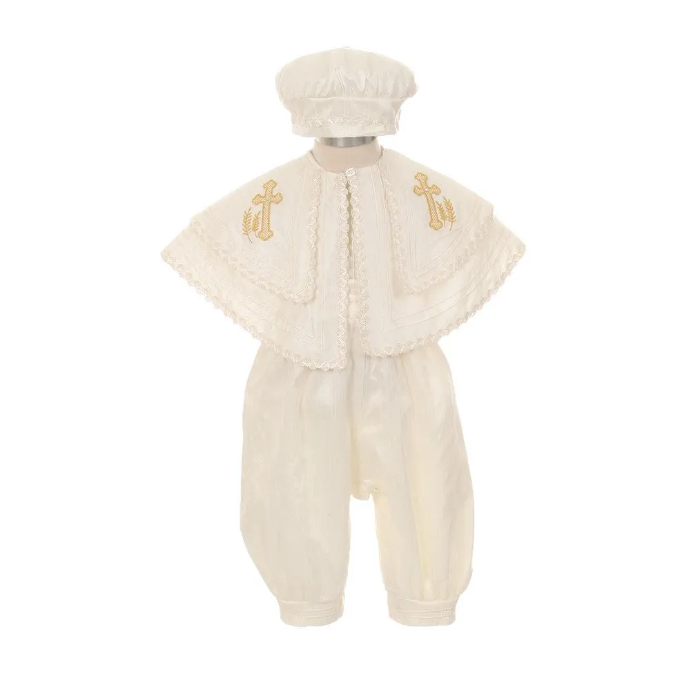 Little Boys Ivory Silk Cross Cape Hat Baptism Romper Jumpsuit 2-3T
