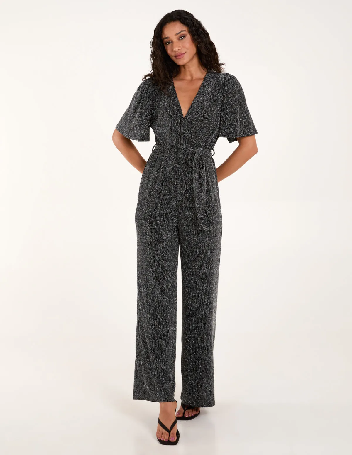 Lurex Belted Waist Flared Jumpsuit