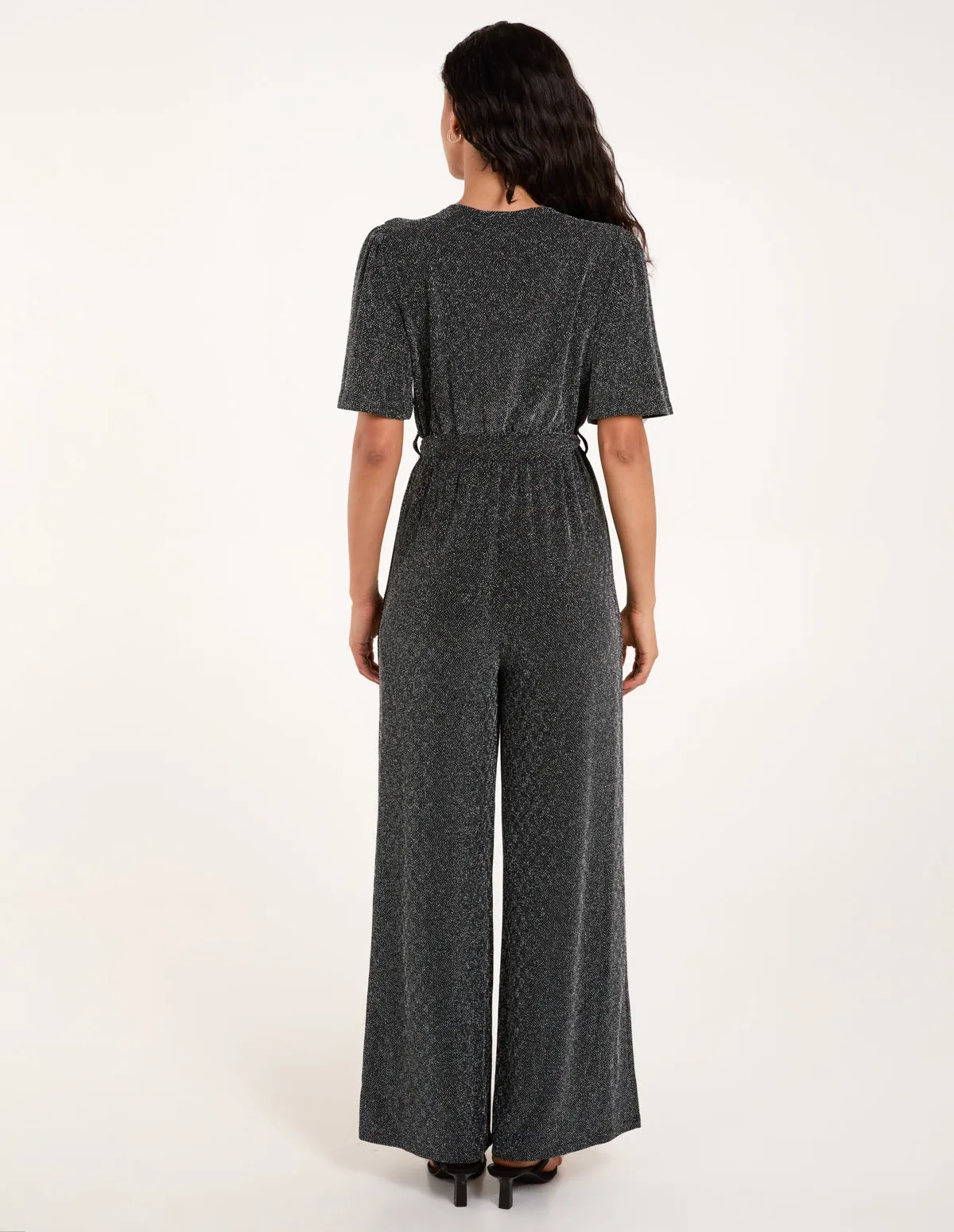 Lurex Belted Waist Flared Jumpsuit